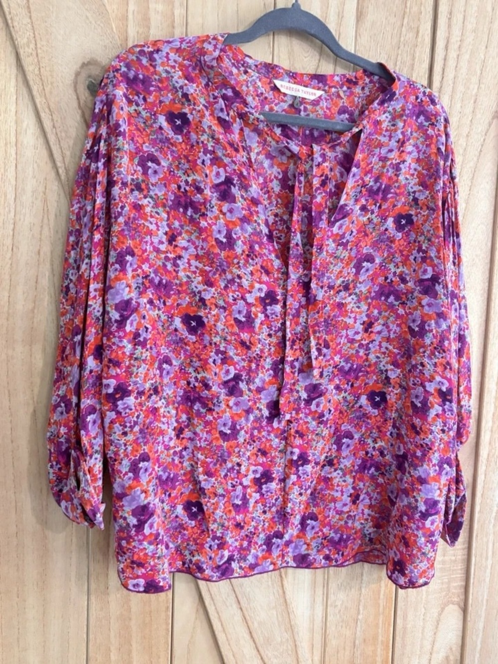 Rebecca Taylor Orange, Pink & Purple Floral V-Neck Blouse - Picture 7 of 9